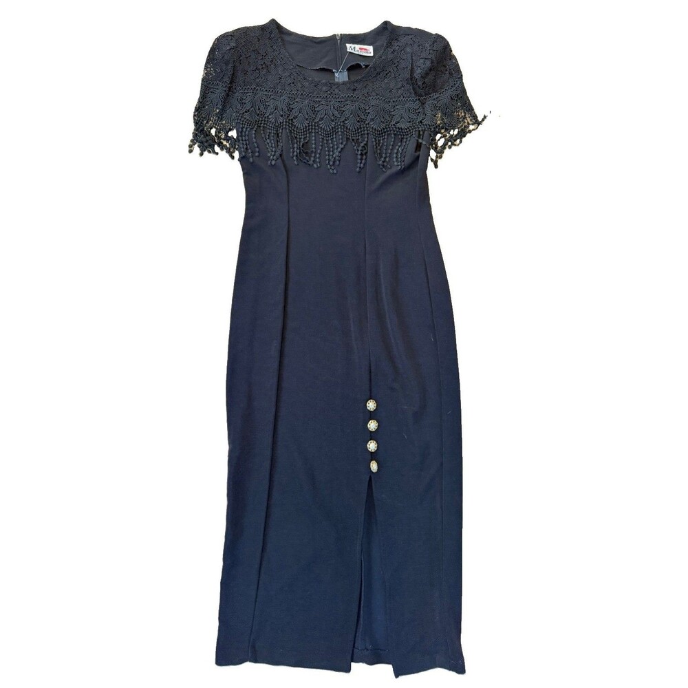 Maxima USA Black Lace Midi Dress Women’s M Vintage Fringe Sheath Party